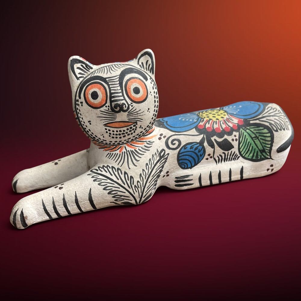 Vintage Tonala Mexican Pottery Cat Figurine Folk Art Hand Painted Netzi 8.5"